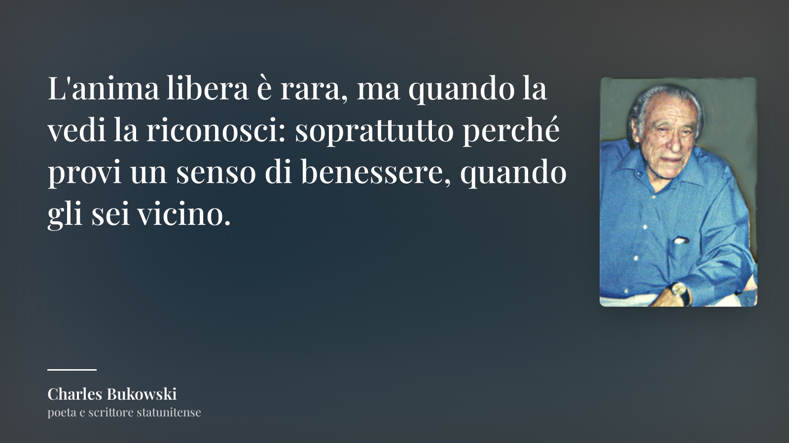 Charles Bukowski frase: “L'anima libera è rara, ma quando la vedi la riconosci: soprattutto perché provi un senso di benessere, quando gli sei vicino.”