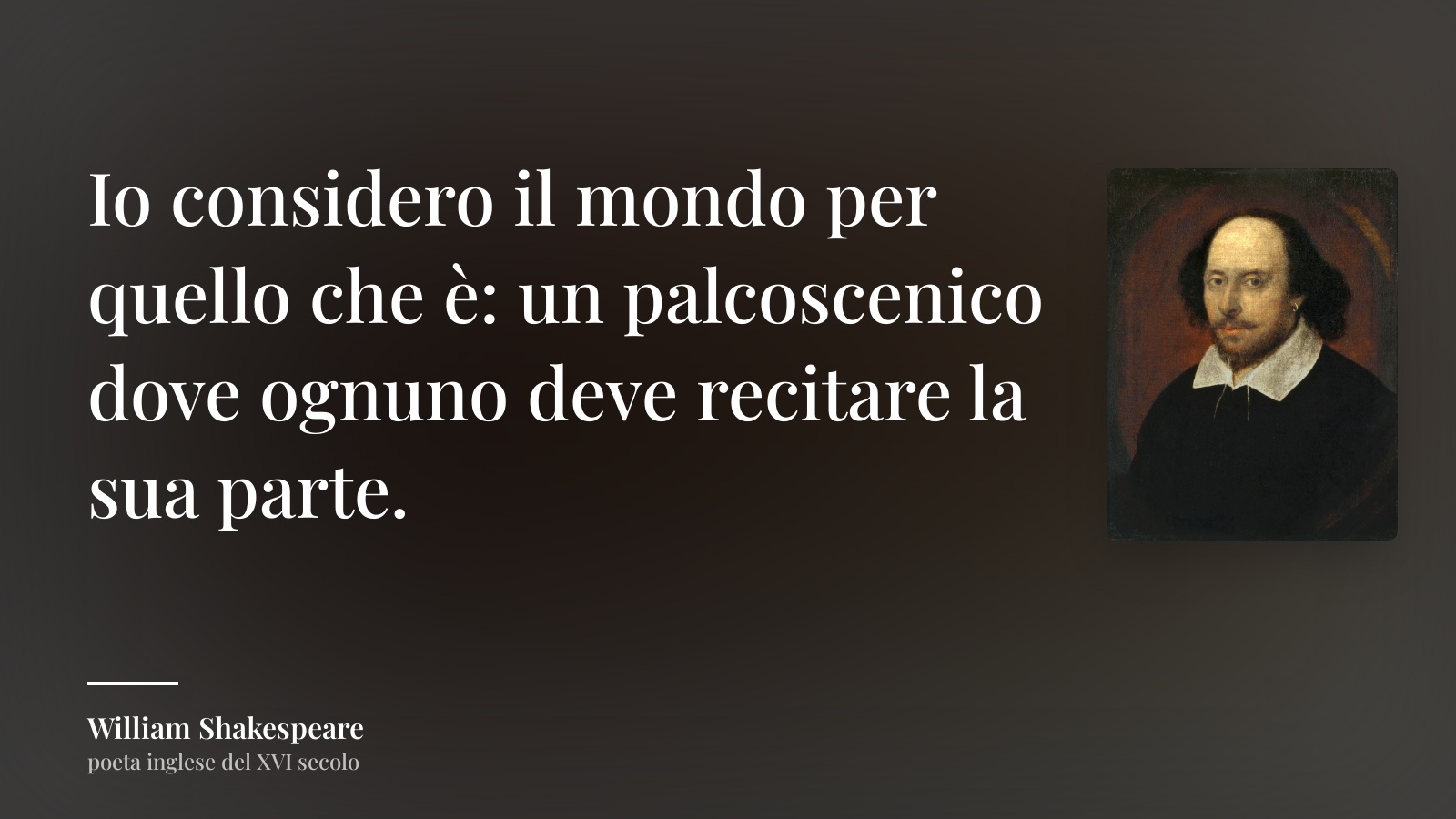 William Shakespeare frase: “Io considero il mondo per quello che è: un palcoscenico dove ognuno deve recitare la sua parte.”