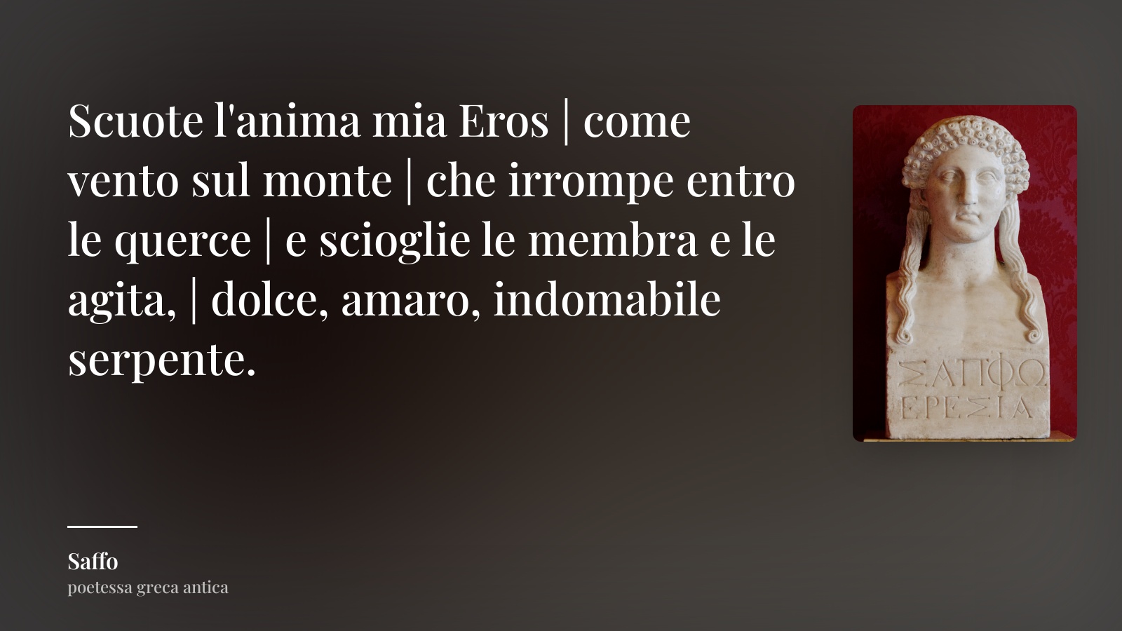 Saffo frase: “Scuote l'anima mia Eros | come vento sul monte | che irrompe entro le querce | e scioglie le membra e le agita, | dolce, amaro, indomabile serpente.”