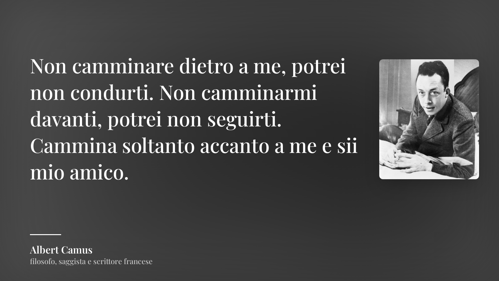 Albert Camus frase: “Non camminare dietro a me, potrei non condurti. Non camminarmi davanti, potrei non seguirti. Cammina soltanto accanto a me e sii mio amico.”