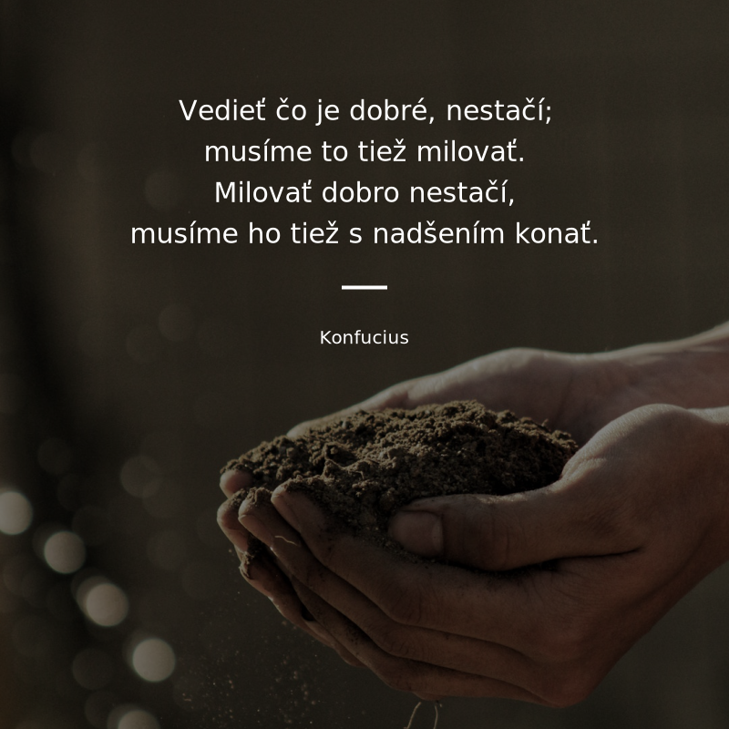 Konfucius frase: „Vedieť čo je dobré, nestačí; musíme to tiež milovať. Milovať dobro nestačí, musíme ho tiež s nadšením konať.“
